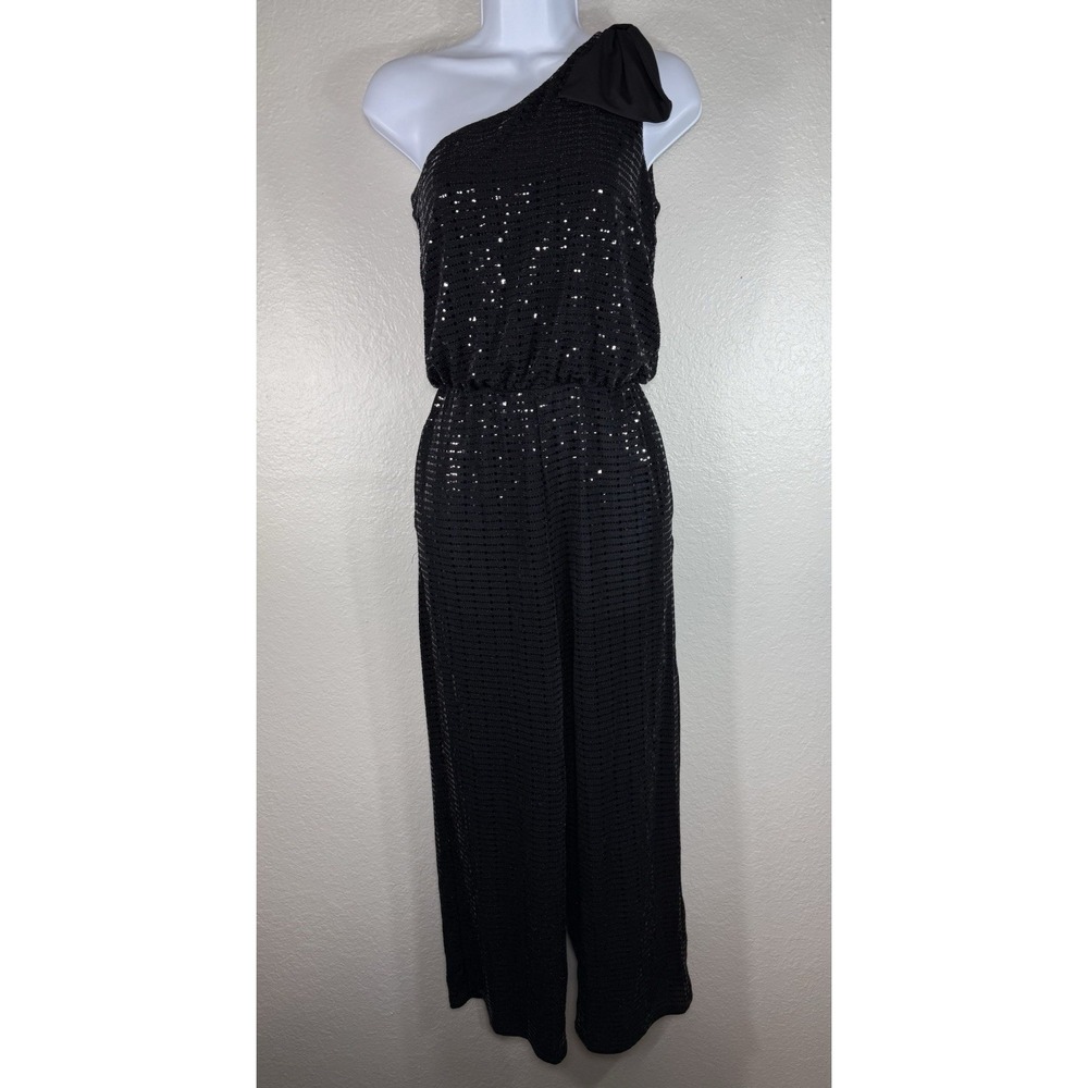 Alexa B Black Sparkly Sequin One Shoulder Pant Jumpsuit Size 4 formal party